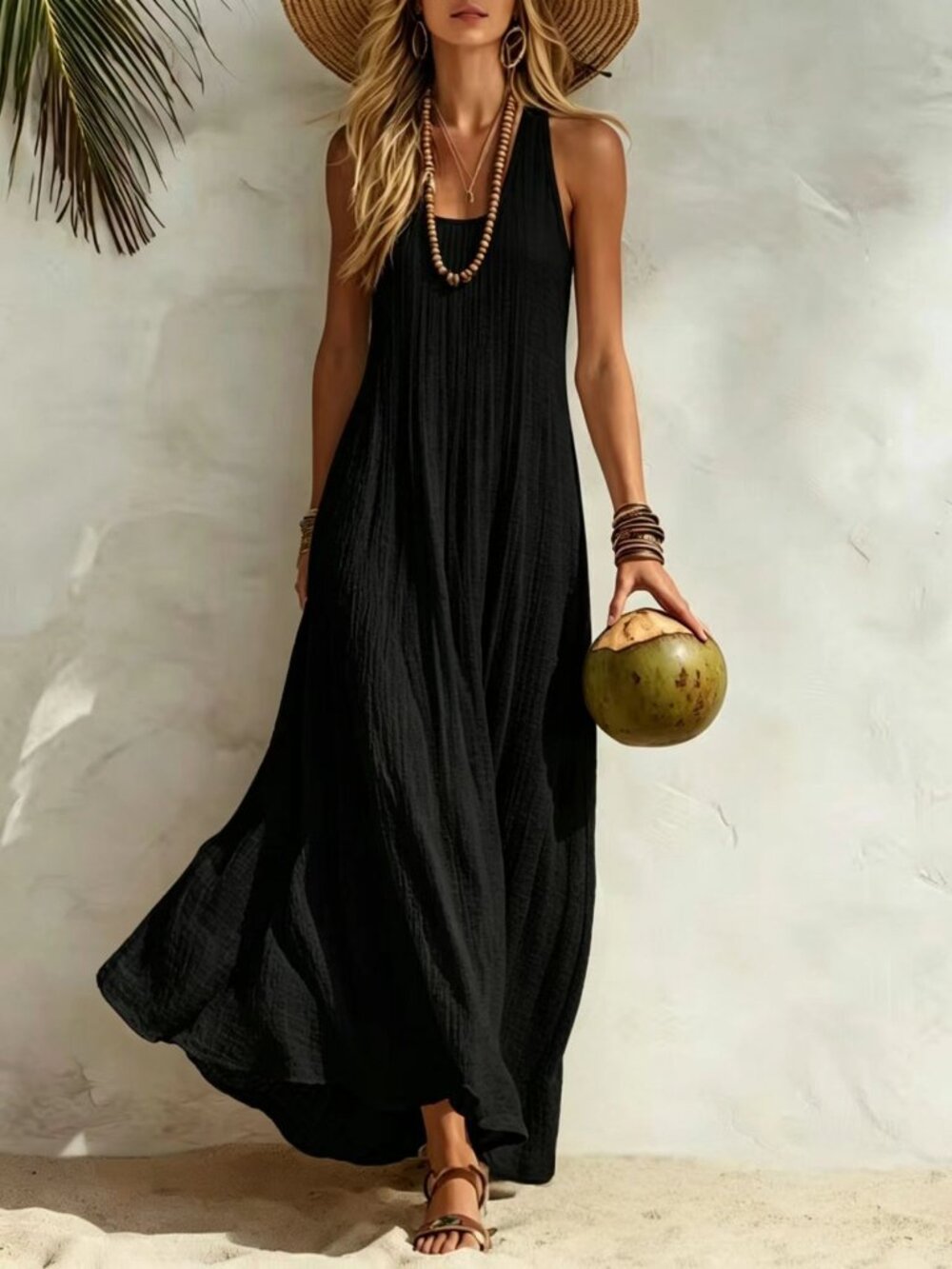 Women's Black Sleeveless Scoop-Neck Relaxed Swing Maxi Dress